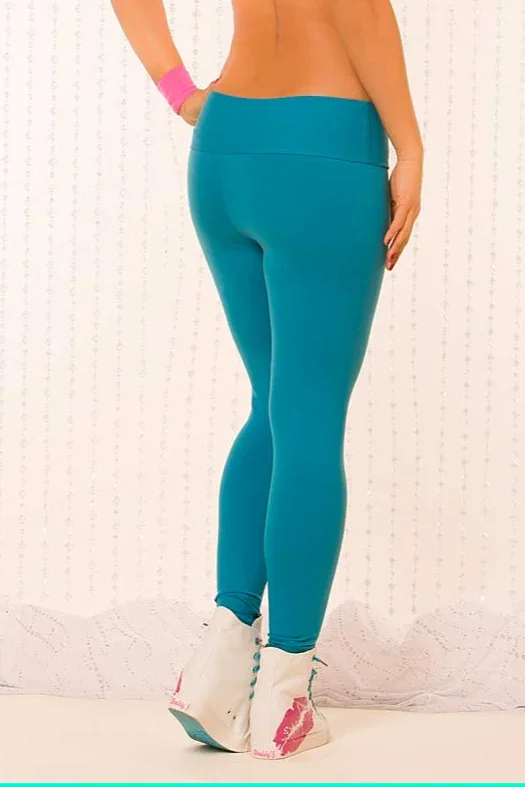 back view Teal leggings worn by a person on a white background