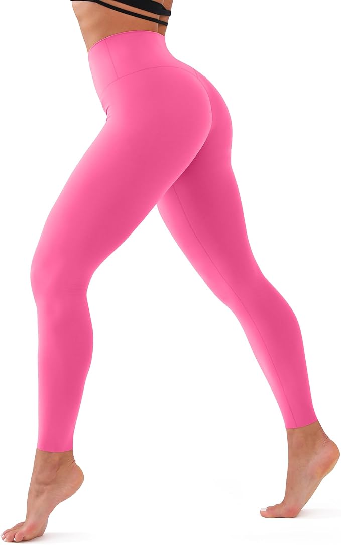 Side view of a Pink leggings worn by a person on a white background